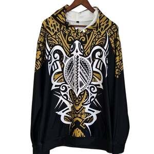Pacific Islander Tribal Tattoo Turtle Streetwear Hoodie Black/Gold Pullover 2XL